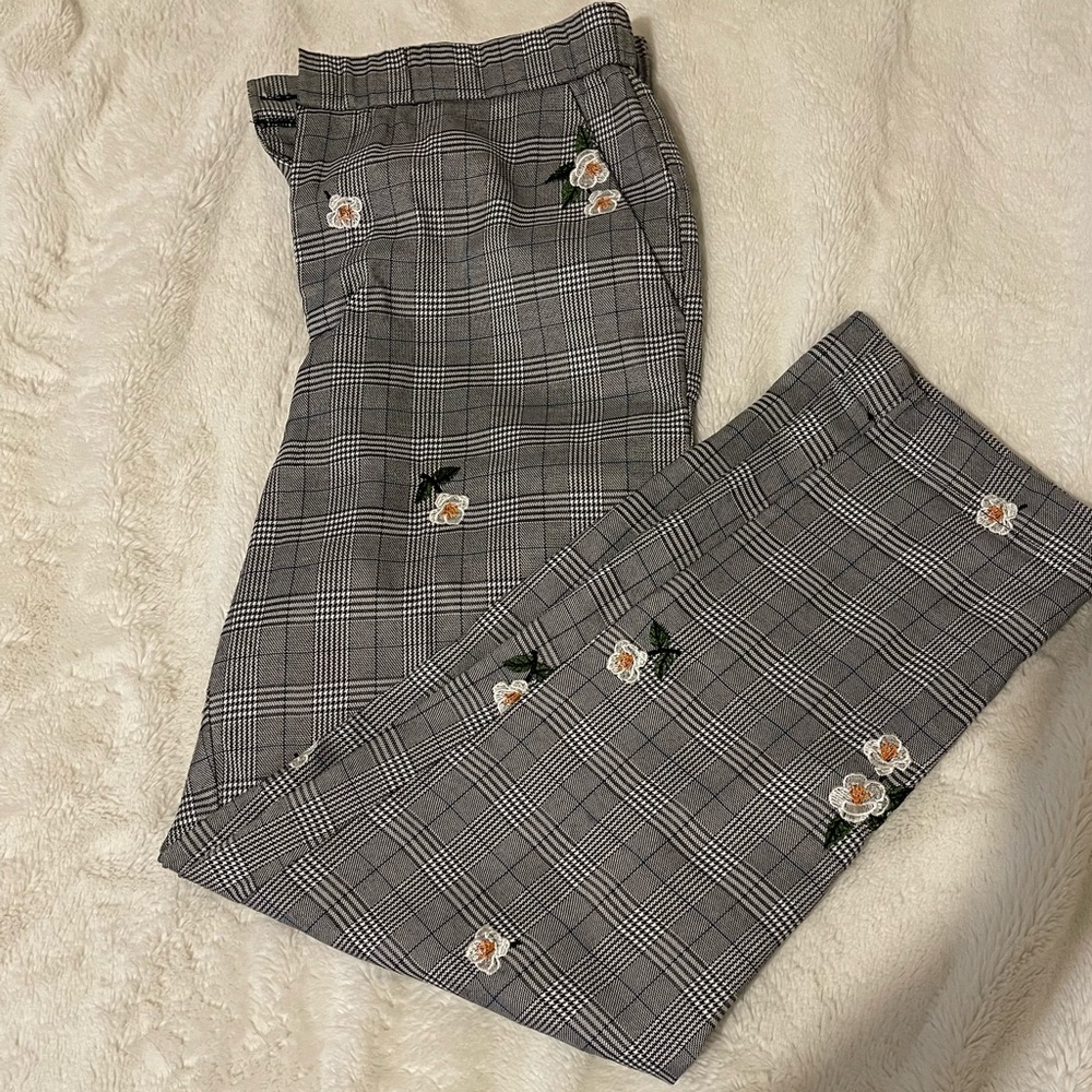 Forever 21 plaid pants with embroidered flowers.